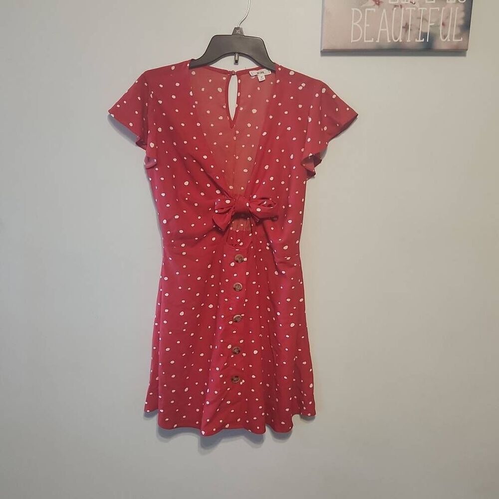 💚 Mine Women's Size M Red White Polka Dot Tie Front Short Dress